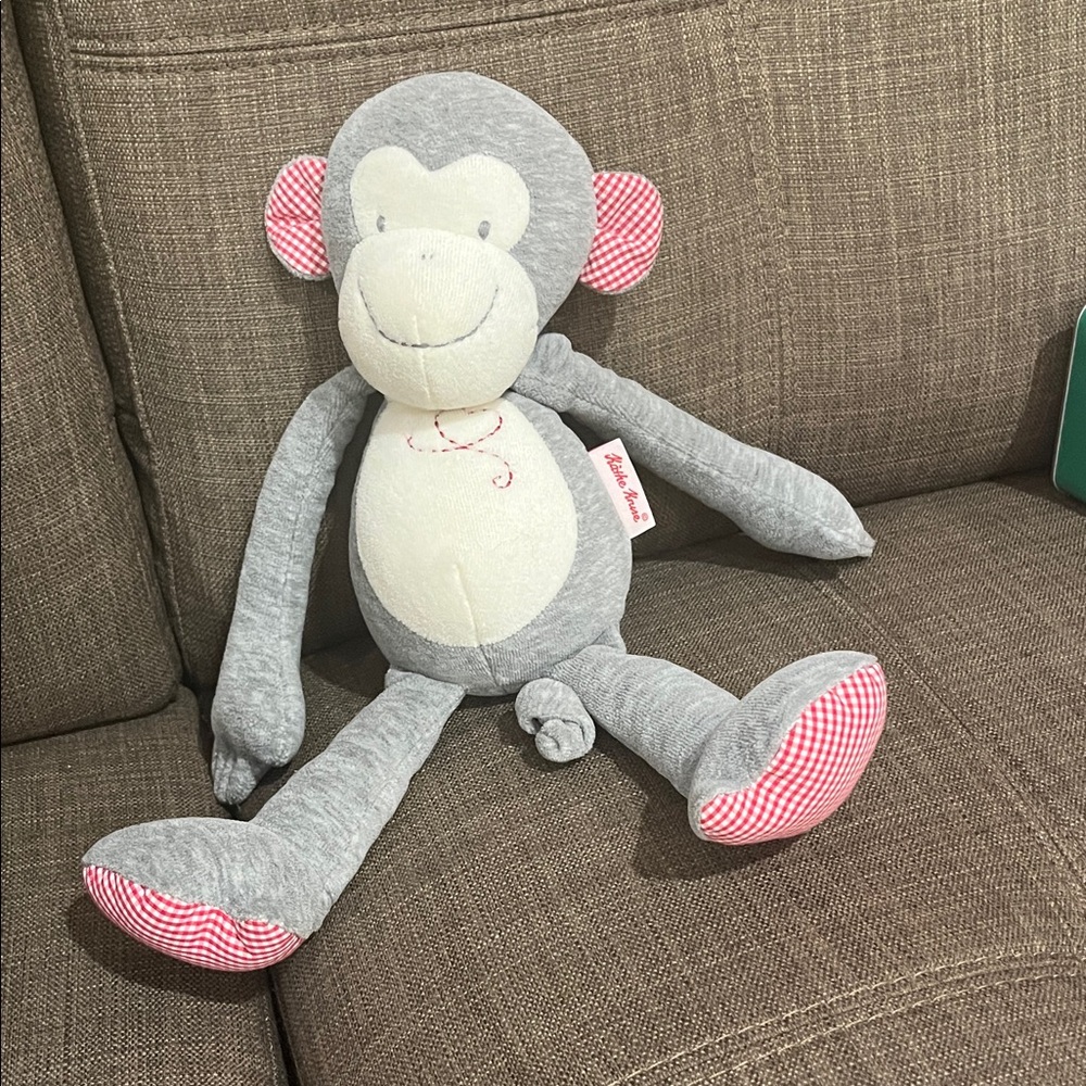 Käthe Kruse Plush Monkey – Soft Gray & Gingham – EUC – Rare German Toy